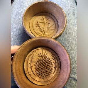 Antique Wood Butter Mold Stamp Pineapple And Flower Floral Plunger, Primitive